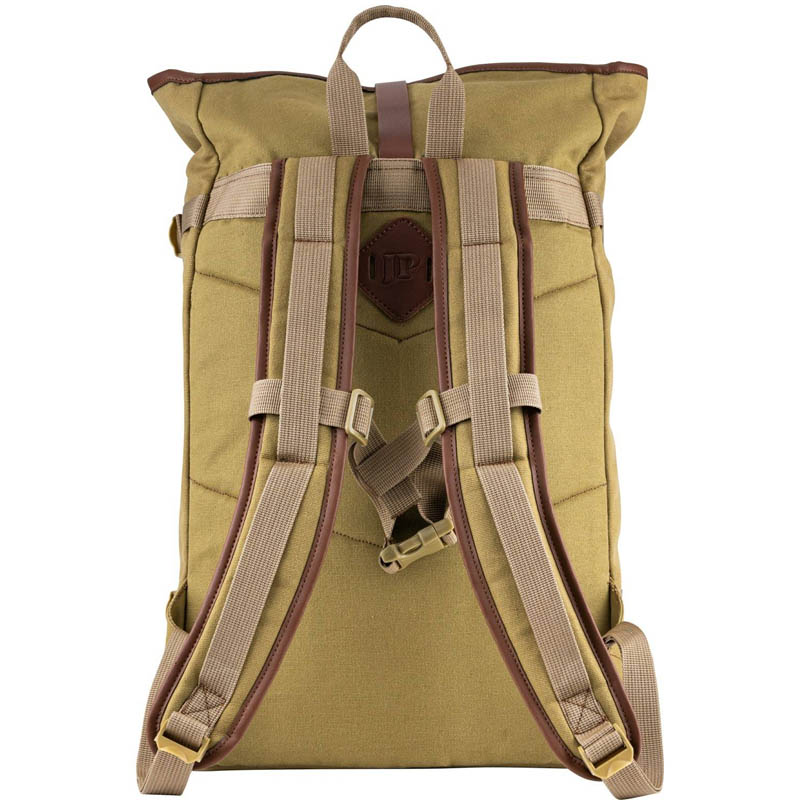 fawn brown beige cream heavy cotton canvas roll top backpack padded shoulder straps back